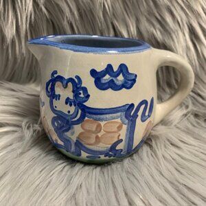 M A Hadley Cow Creamer  Art Pottery Hand Painted 3 1/4" Country Scene Blue